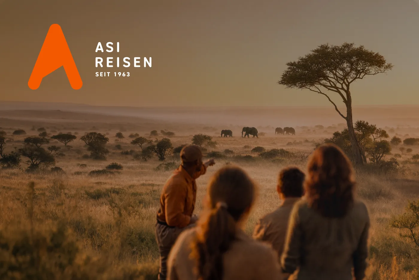 ASI Reisen logo over a safari landscape with travelers
