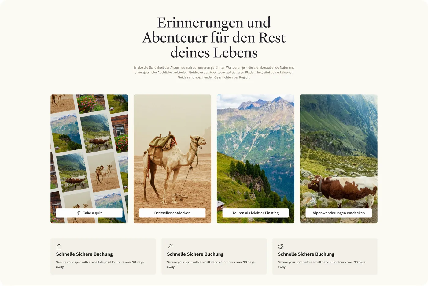 Landing page with tour categories