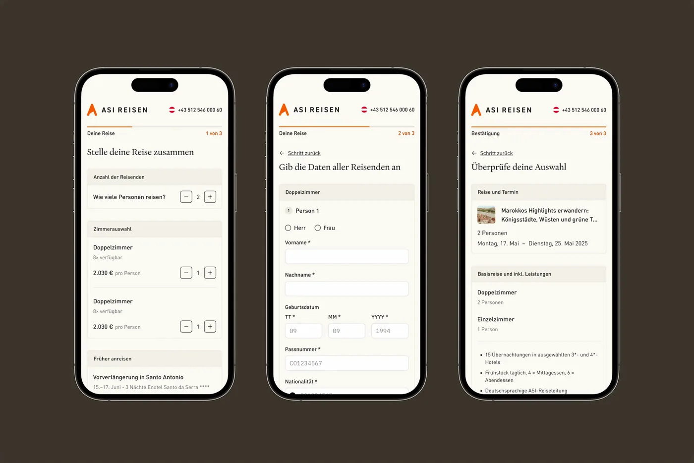 Booking flow on three phone screens