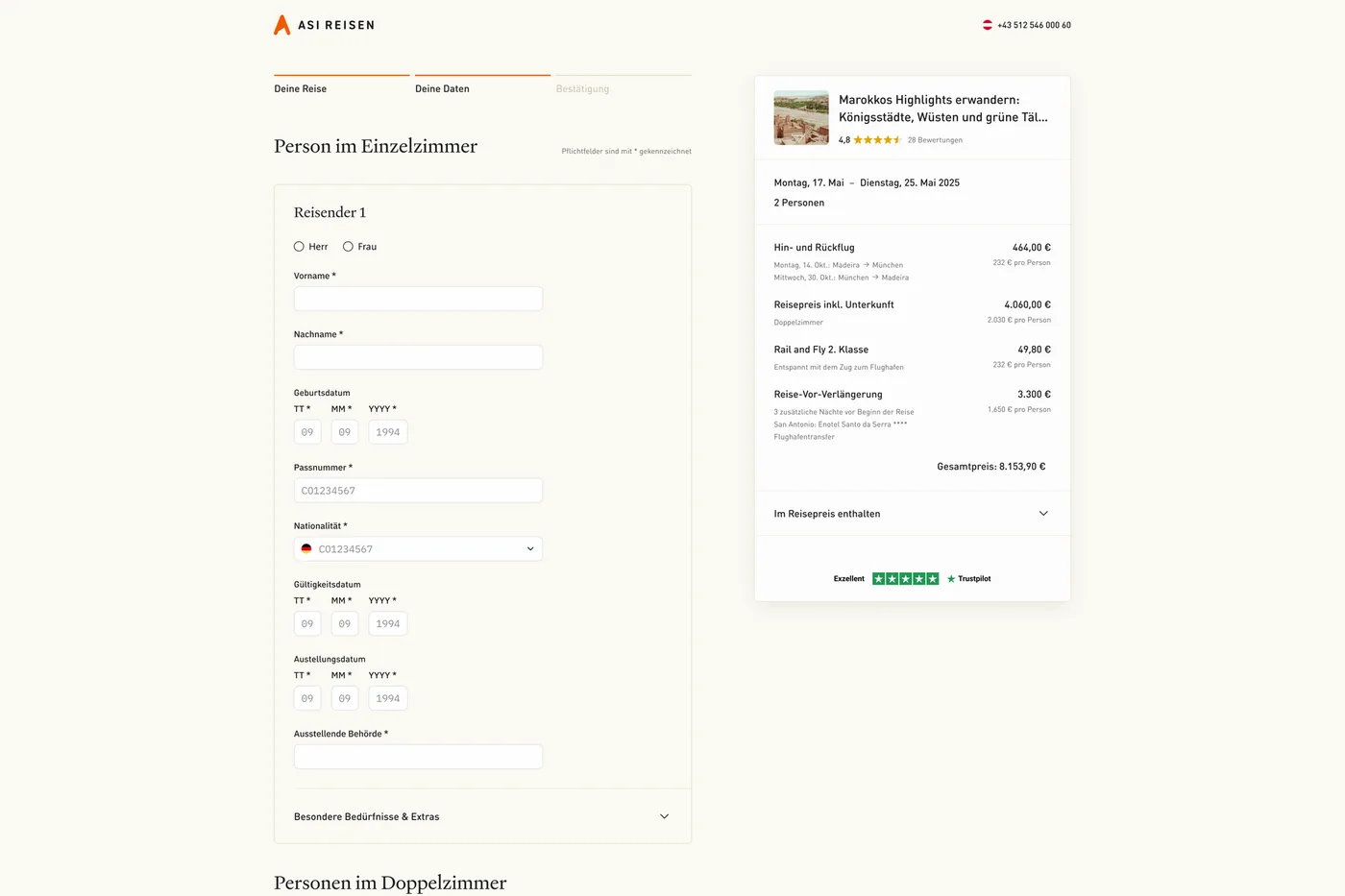 Checkout step for traveler details with the full price summary