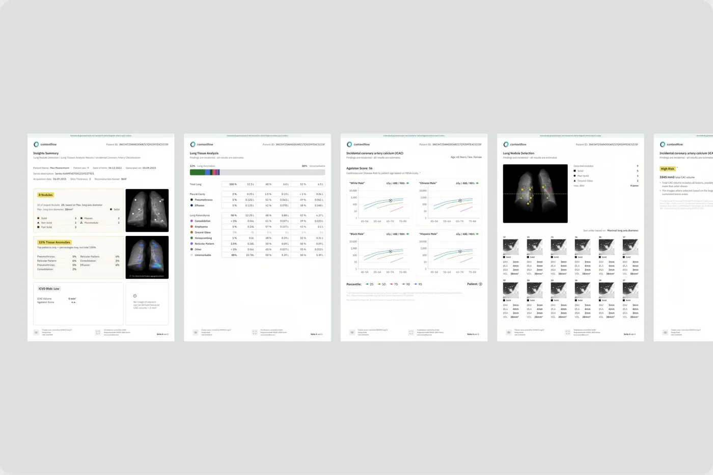 Structured radiology report screens with measurements and charts