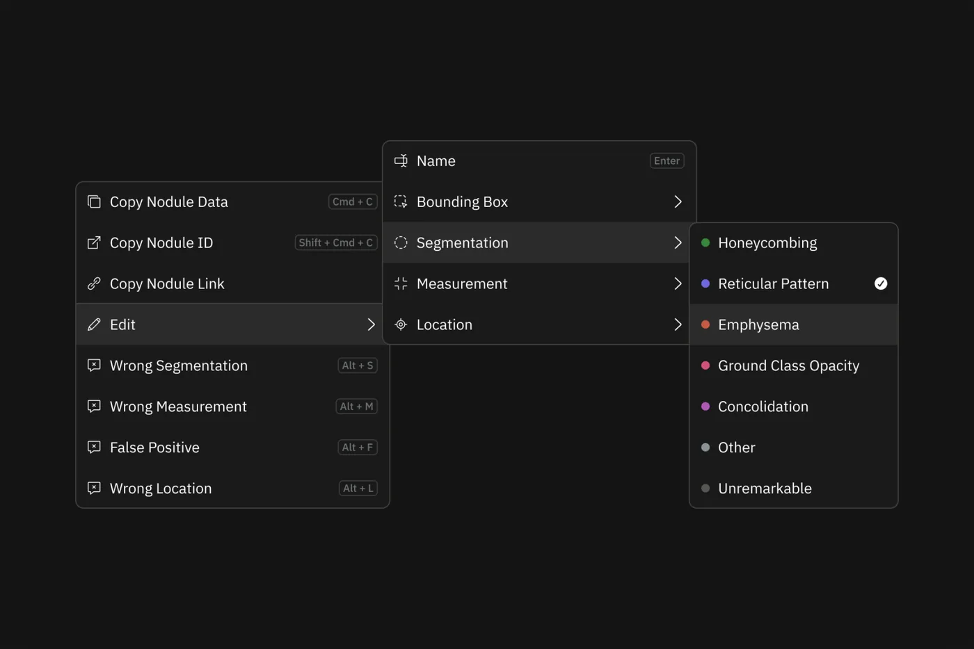 Context menu for editing and classifying an AI finding