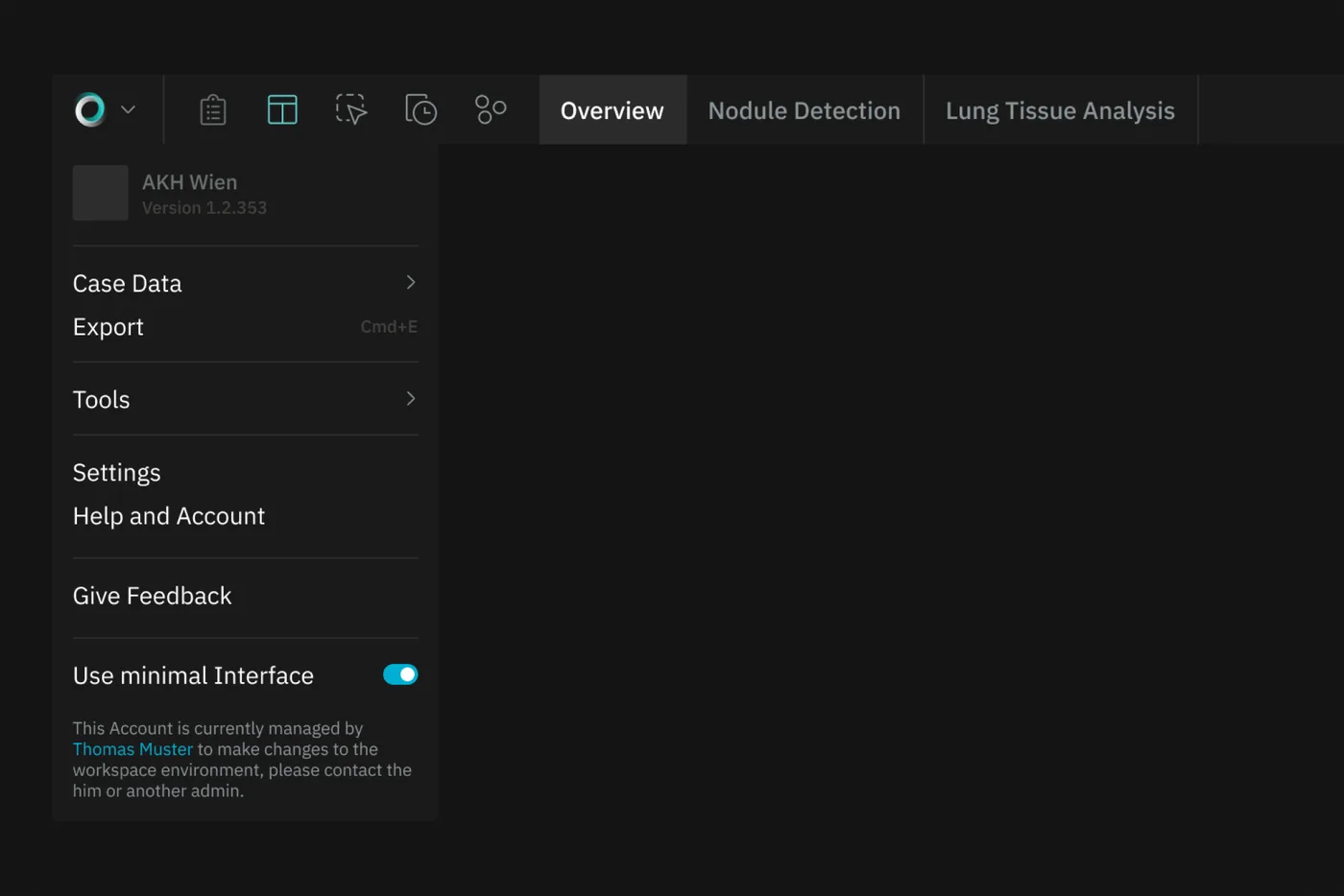 Sidebar navigation with case data, tools and settings