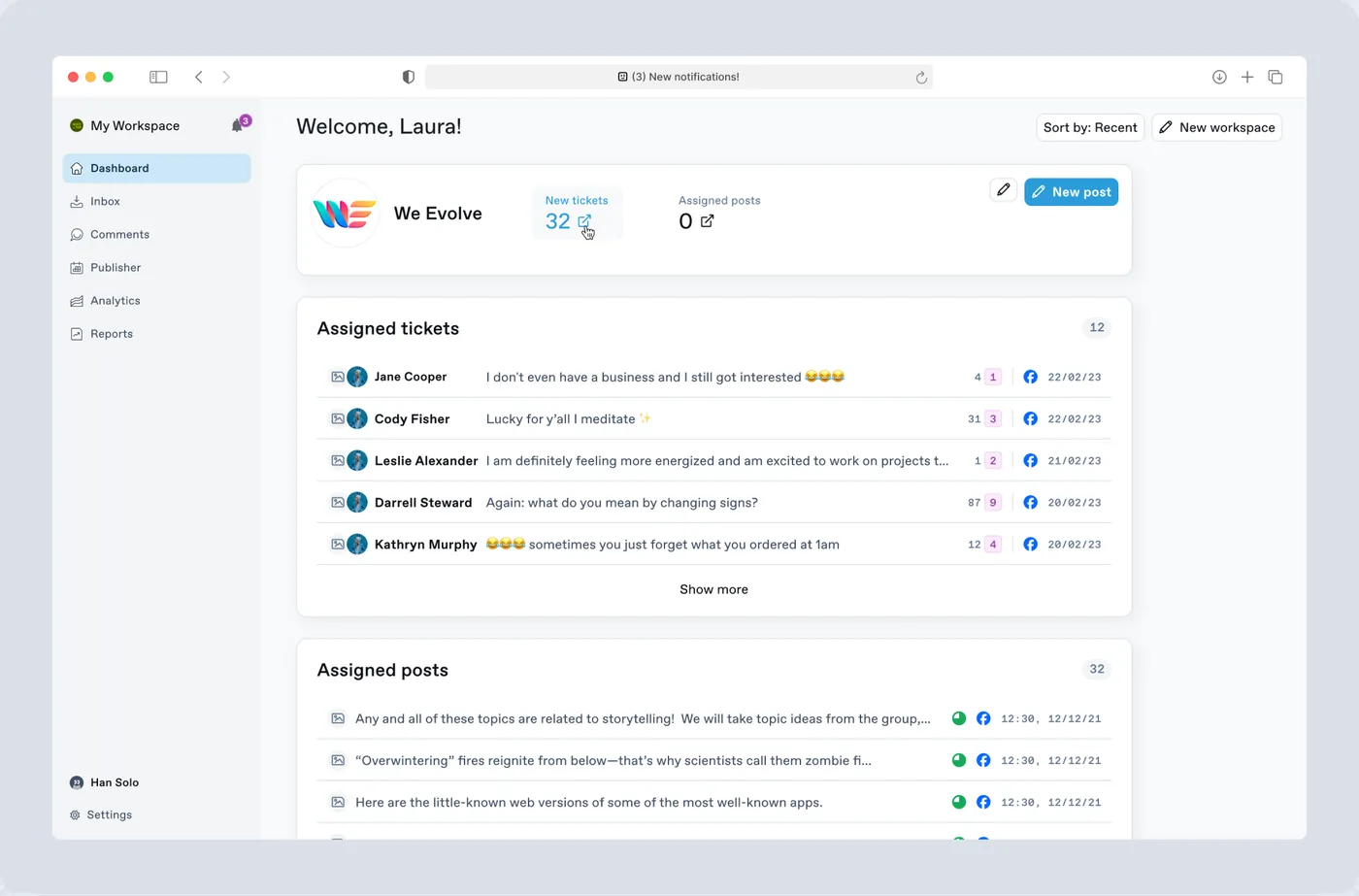 Dashboard with assigned tickets and posts