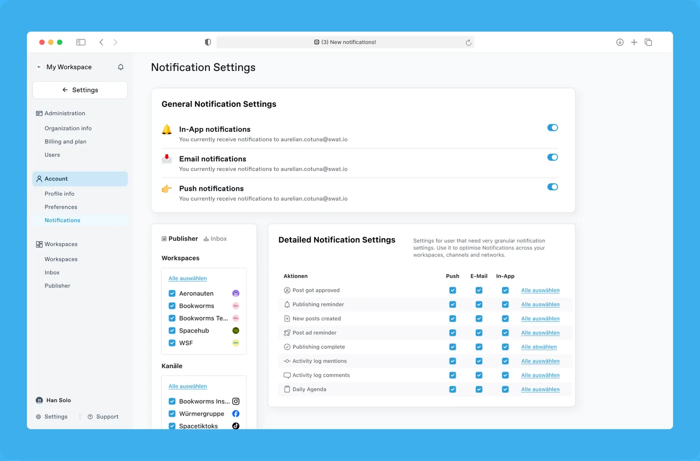 Notification settings for in-app, email and push