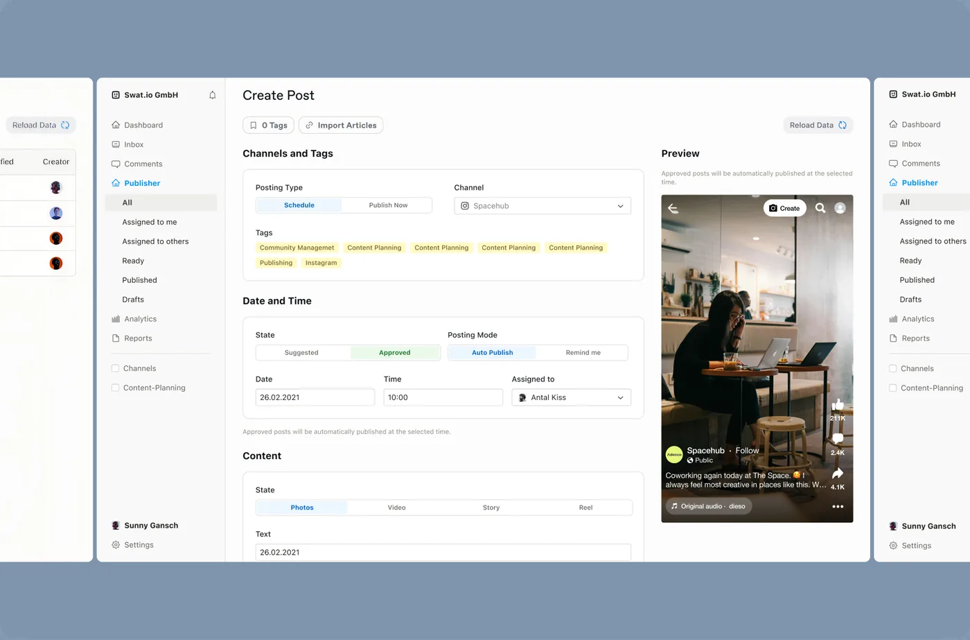 Create Post screen with channel, tags, schedule and preview