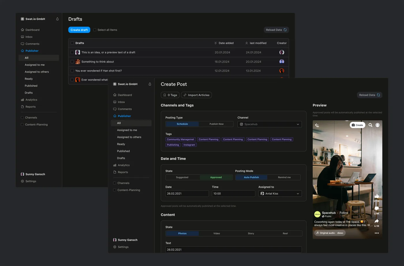 Drafts and Create Post in dark mode