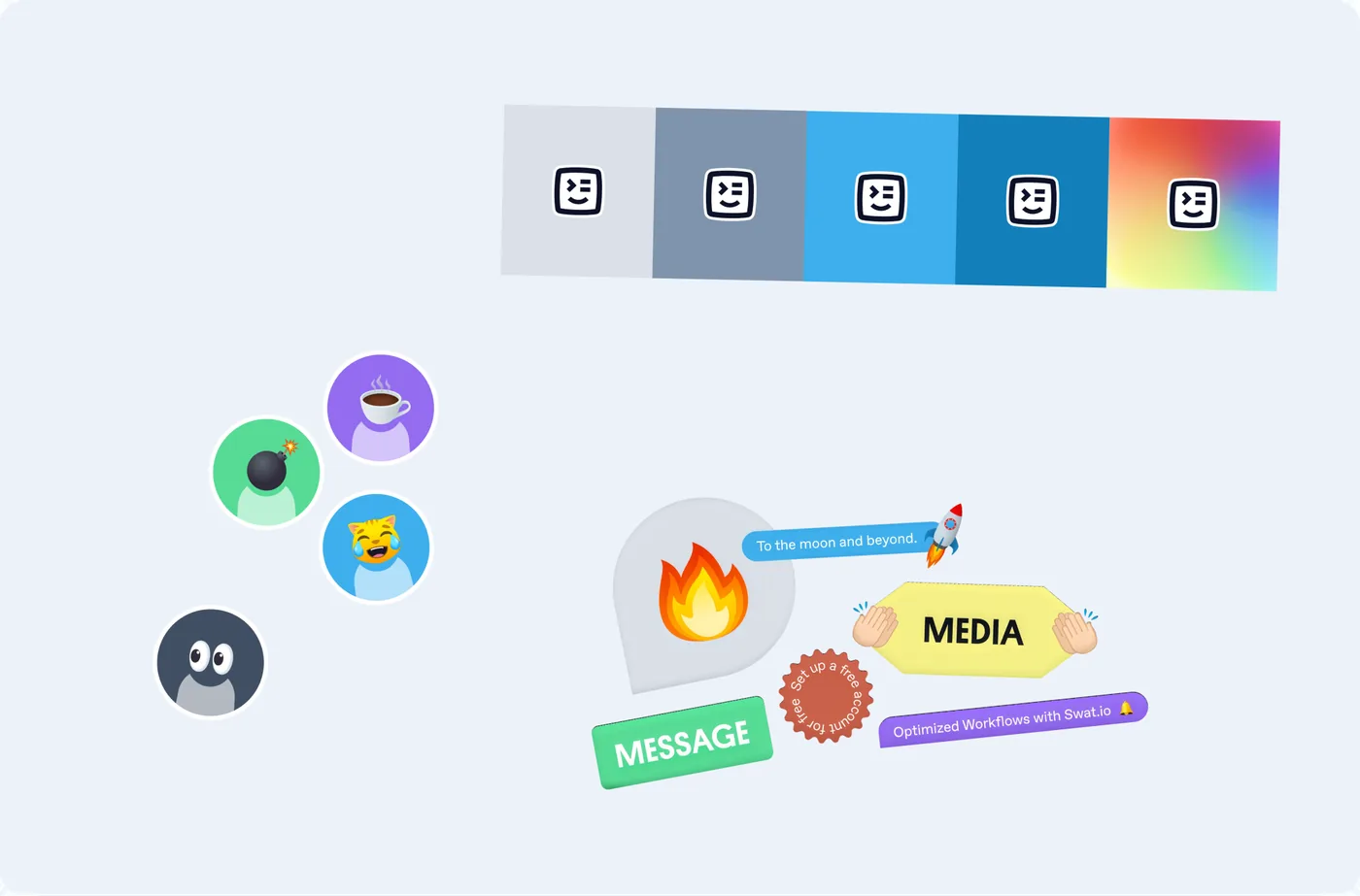 Brand elements: logo colors, avatars and stickers