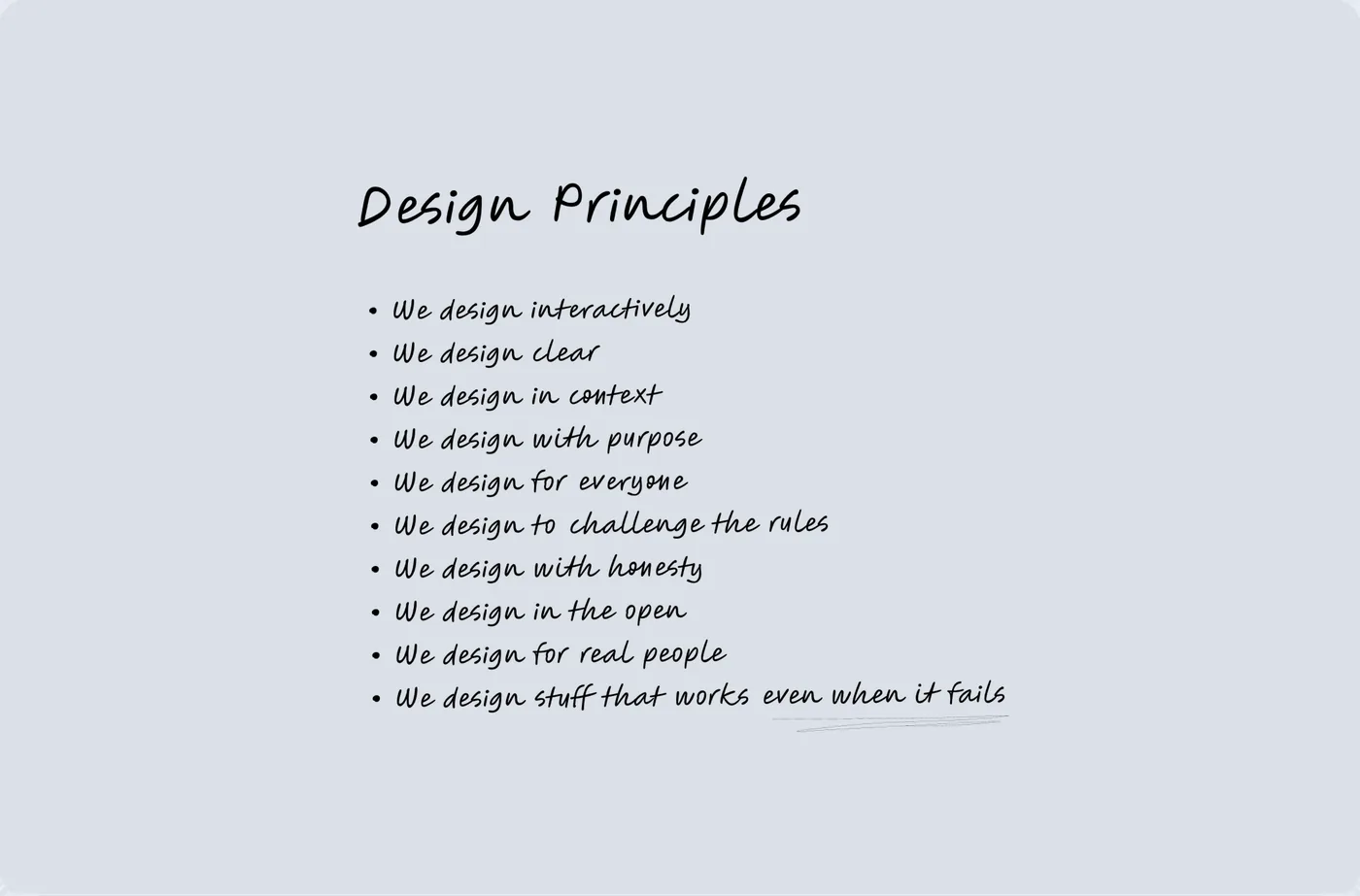 Handwritten list of the team's design principles